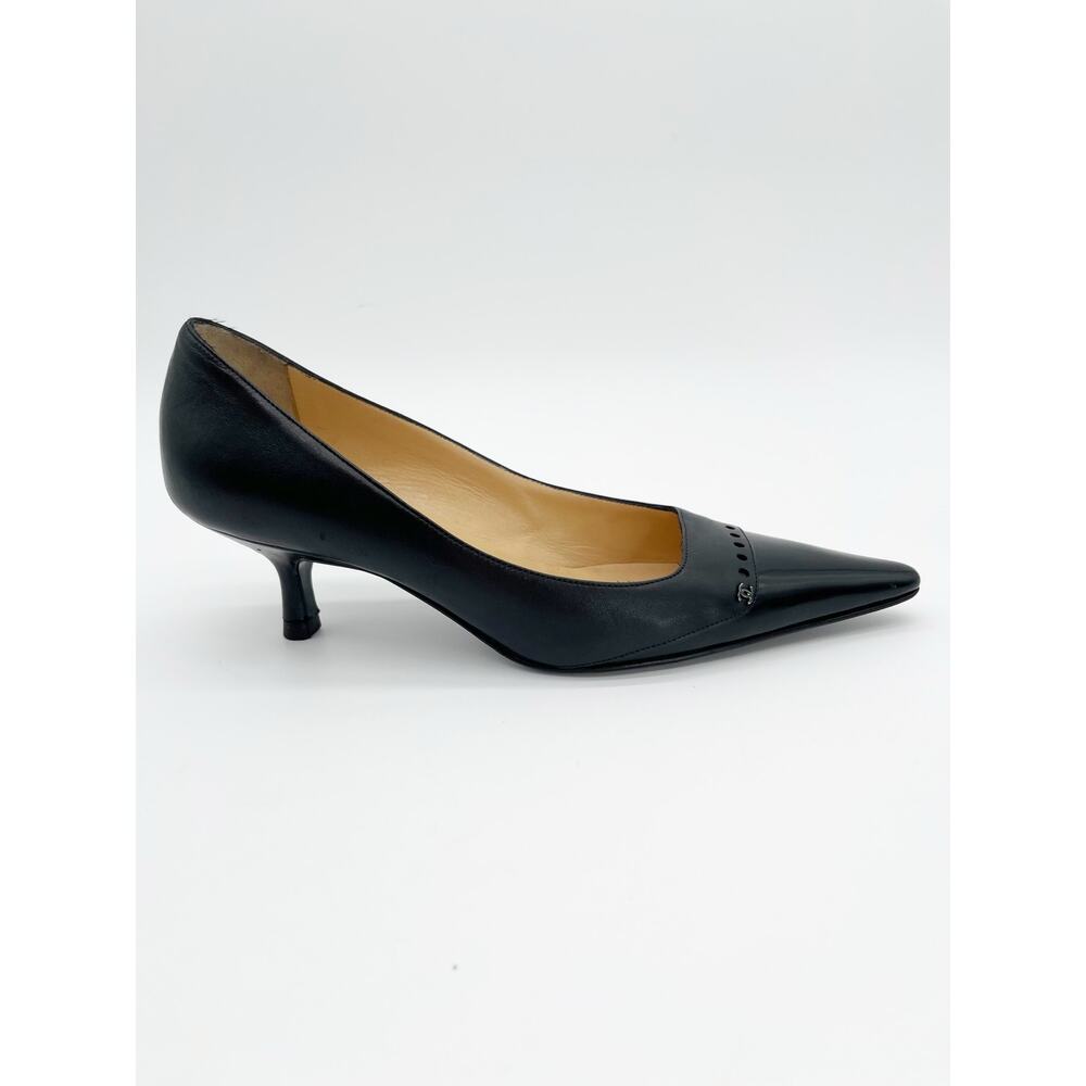 Chanel Vintage Black Leather Cap Toe CC Logo Kitten Heel Pointed Pumps EU 36.5 - Picture 3 of 14